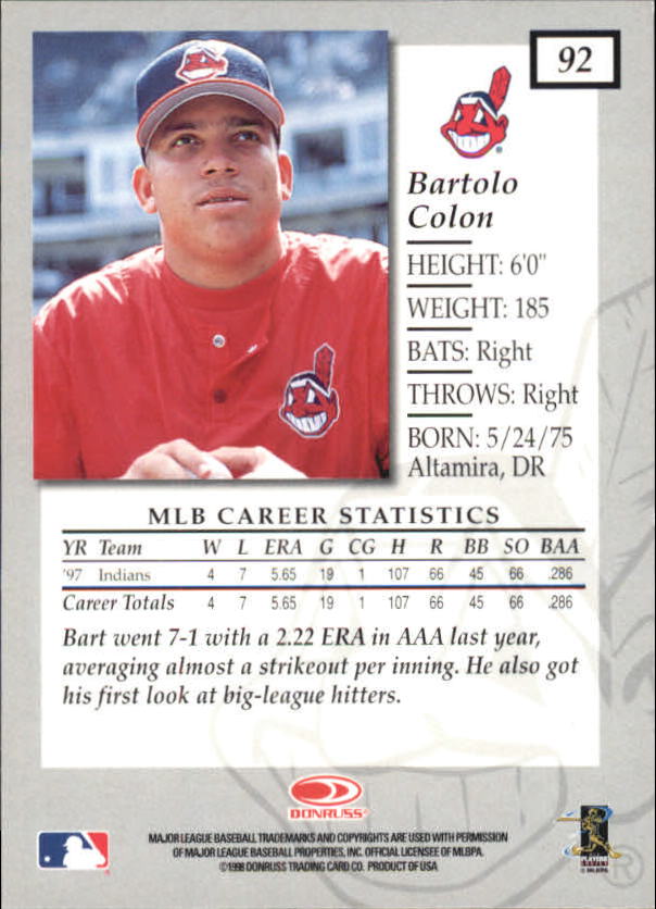 1998 Donruss Elite Baseball "Main Set" Cards #1 to #150 - Picture 185 of 301
