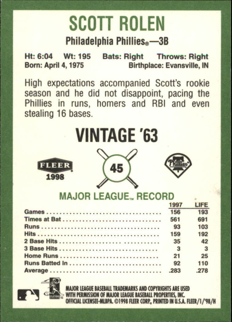 1998 Fleer Tradition Baseball "Vintage '63" Insert Cards - Picture 83 of 161