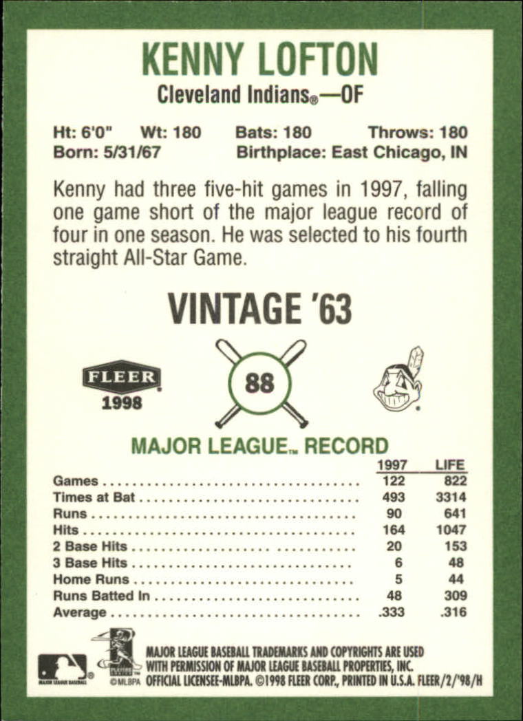 1998 Fleer Tradition Vintage '63 #88 Kenny Lofton back image