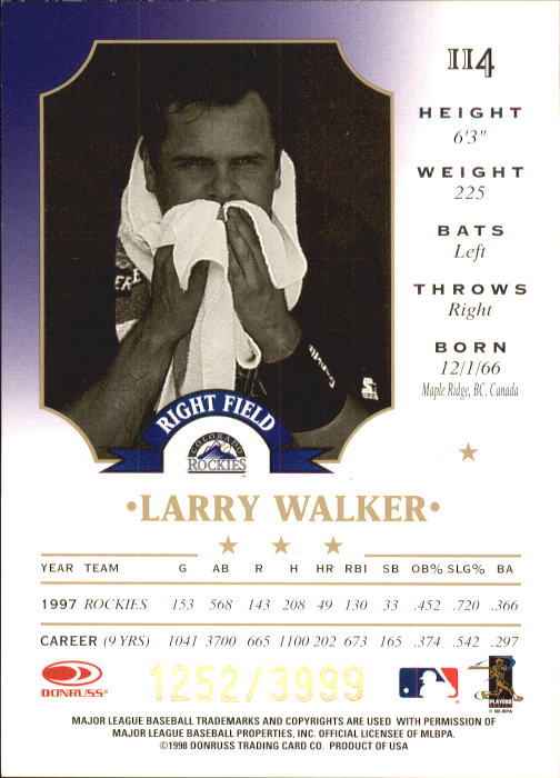 1998 Leaf Fractal Foundations #114 Larry Walker back image