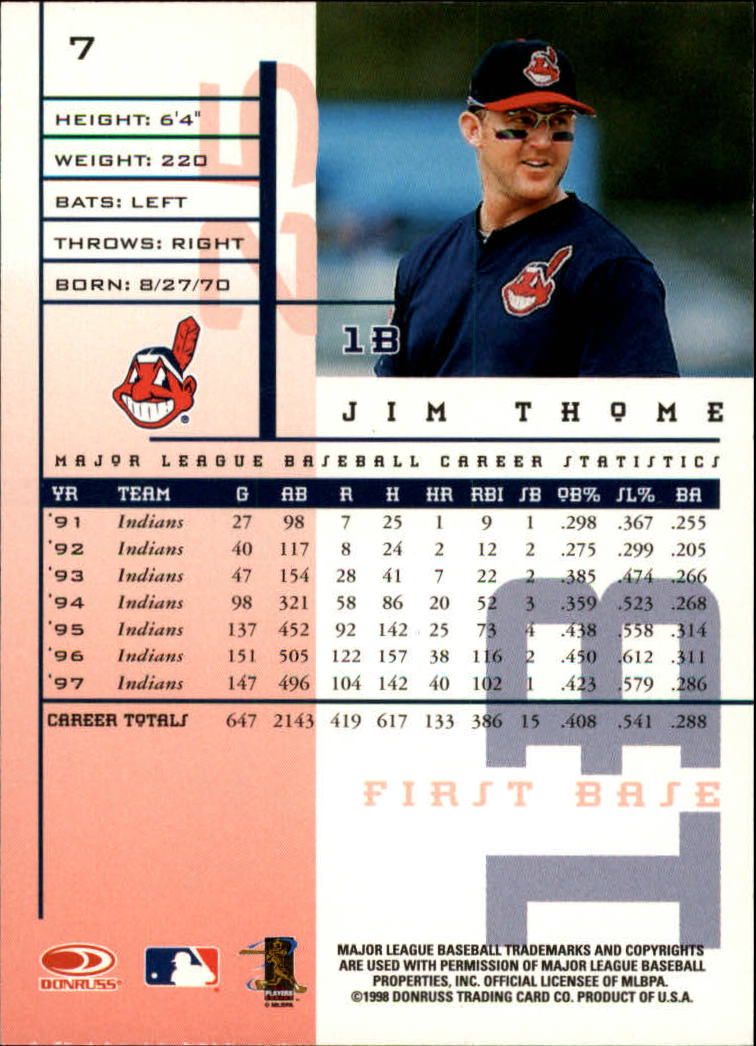 1998 Leaf Rookies and Stars #7 Jim Thome back image