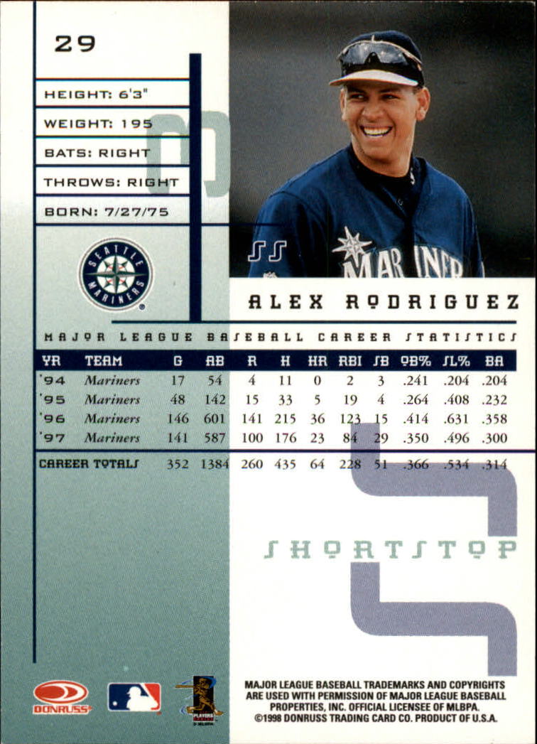 1998 Leaf Rookies and Stars #29 Alex Rodriguez back image