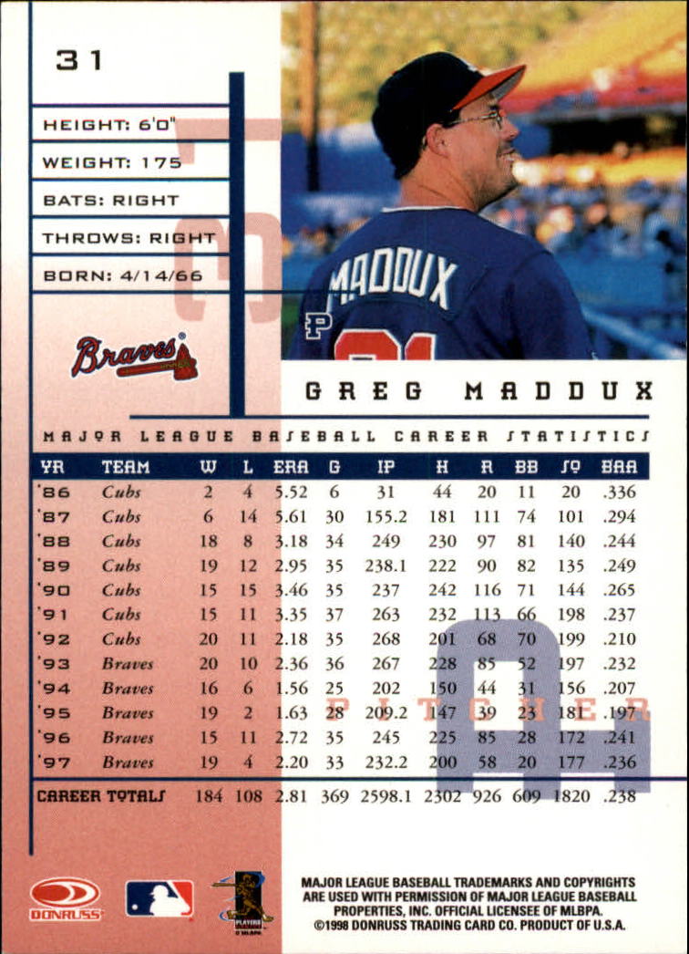 1998 Leaf Rookies and Stars #31 Greg Maddux back image