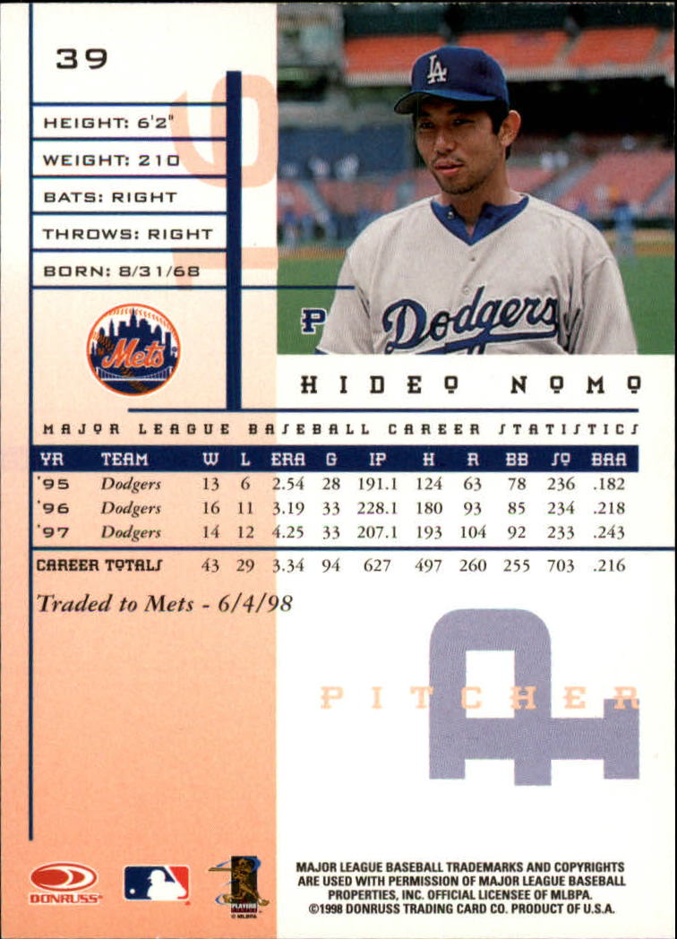 1998 Leaf Rookies and Stars #39 Hideo Nomo back image