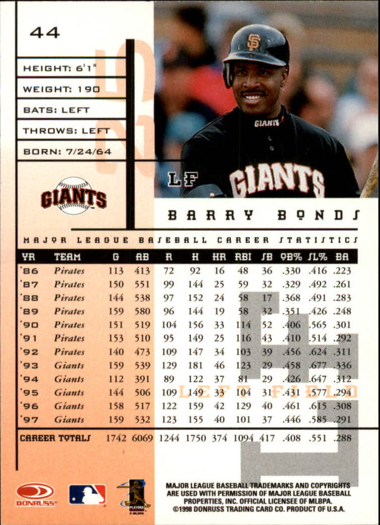 1998 Leaf Rookies and Stars #44 Barry Bonds back image
