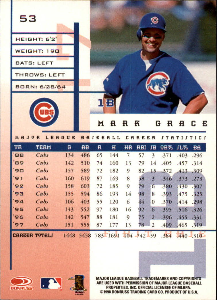 1998 Leaf Rookies and Stars #53 Mark Grace back image