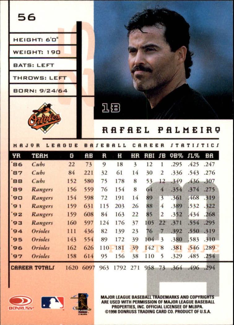 1998 Leaf Rookies and Stars #56 Rafael Palmeiro back image