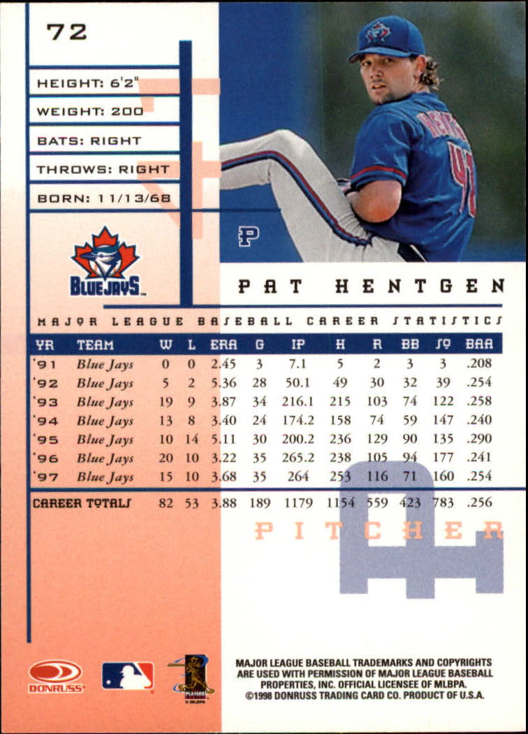 1998 Leaf Rookies and Stars #72 Pat Hentgen back image