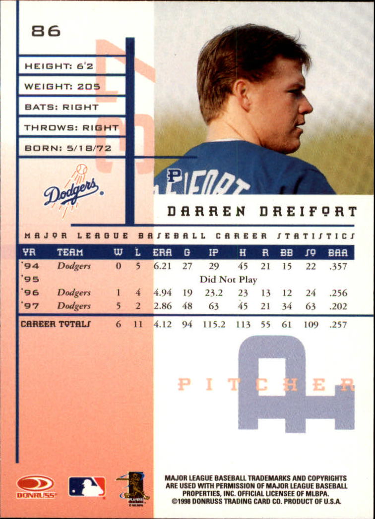 1998 Leaf Rookies and Stars #86 Darren Dreifort back image