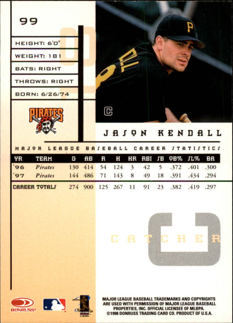 1998 Leaf Rookies and Stars #99 Jason Kendall back image