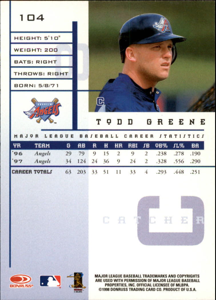 1998 Leaf Rookies and Stars #104 Todd Greene back image