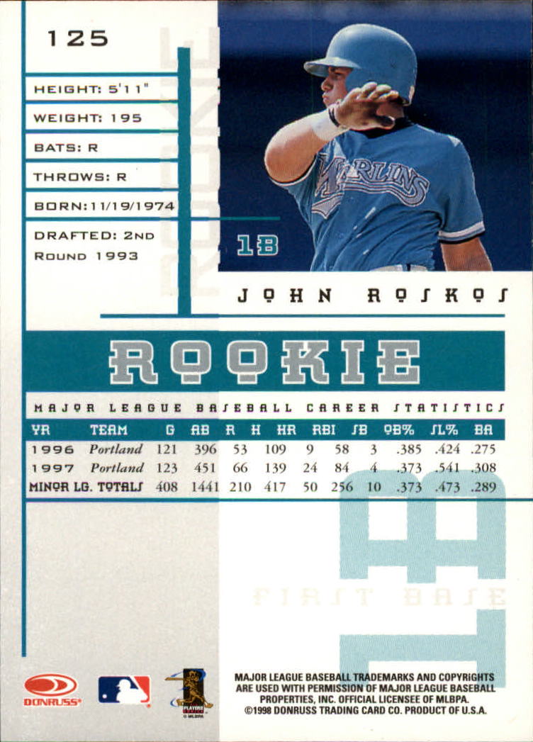 1998 Leaf Rookies and Stars #125 John Roskos RC back image