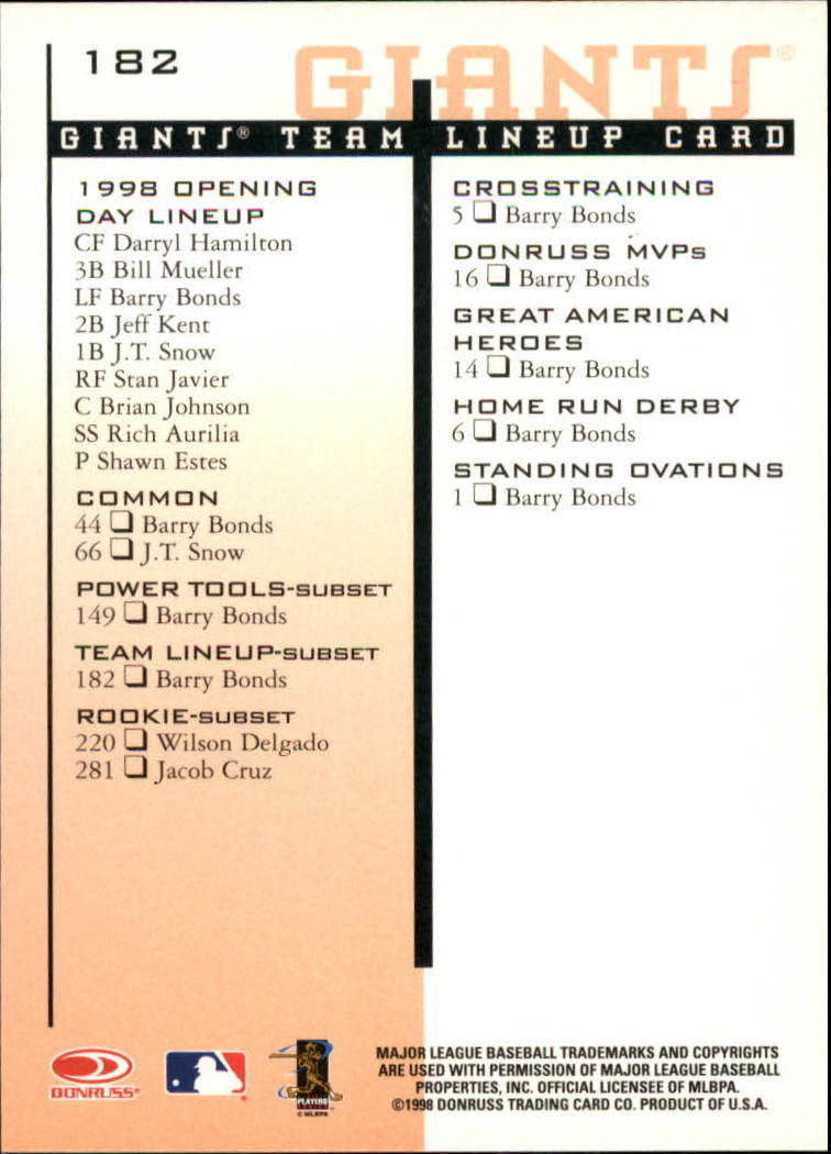 1998 Leaf Rookies and Stars #182 Barry Bonds TLU SP