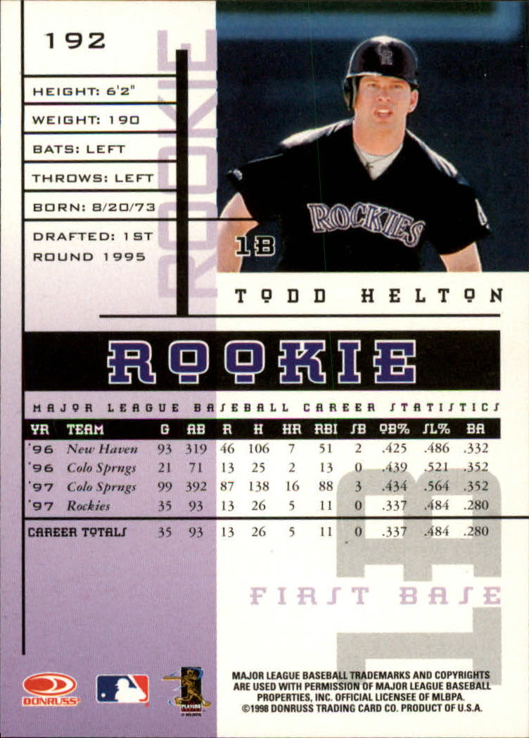 1998 Leaf Rookies and Stars #192 Todd Helton SP back image