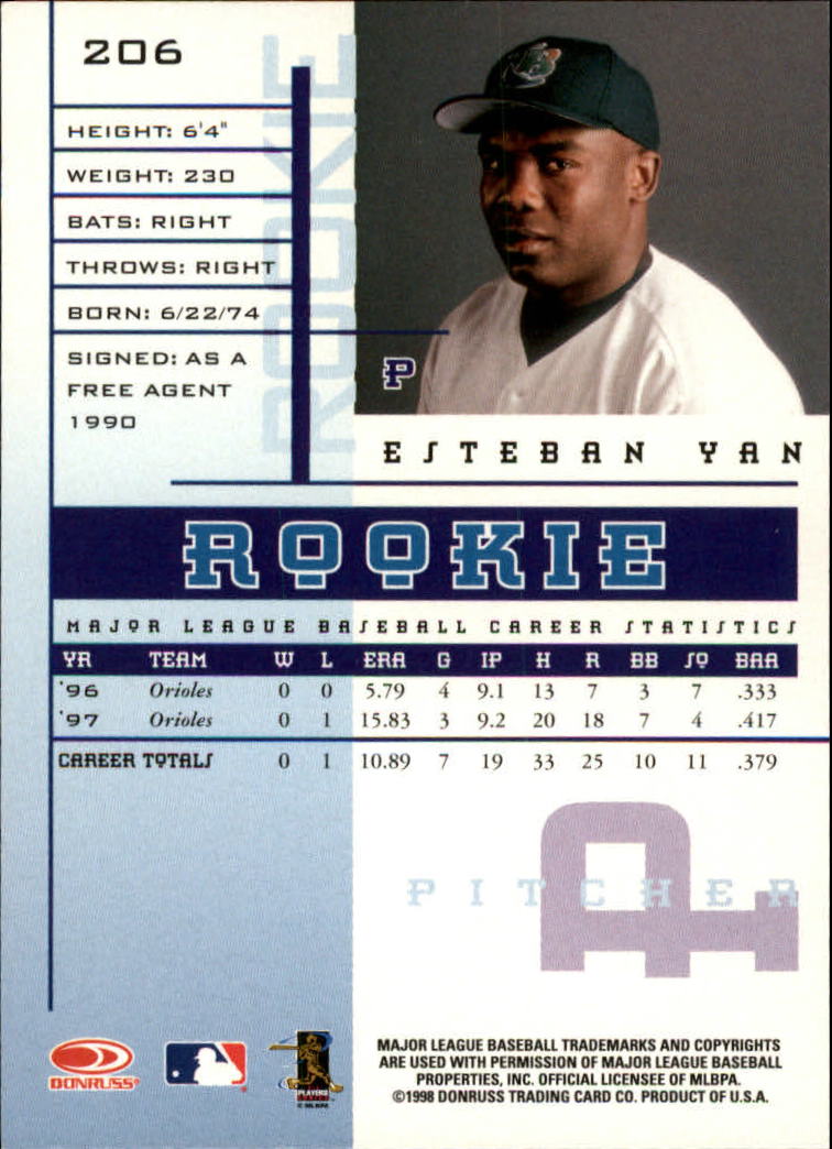 1998 Leaf Rookies and Stars #206 Esteban Yan SP RC back image