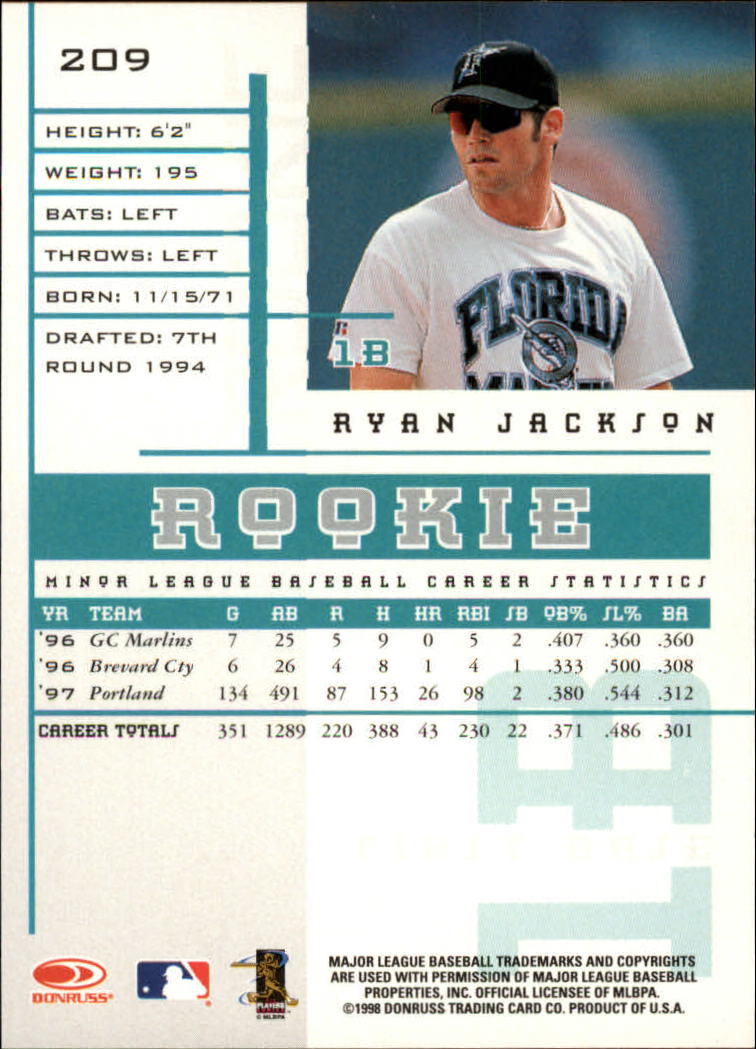 1998 Leaf Rookies and Stars #209 Ryan Jackson SP RC back image