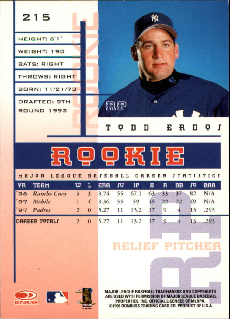 1998 Leaf Rookies and Stars #215 Todd Erdos SP RC back image