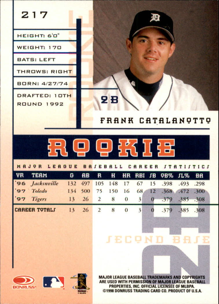 1998 Leaf Rookies and Stars #217 Frank Catalanotto SP RC back image