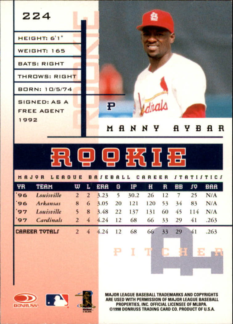 1998 Leaf Rookies and Stars #224 Manny Aybar SP RC back image