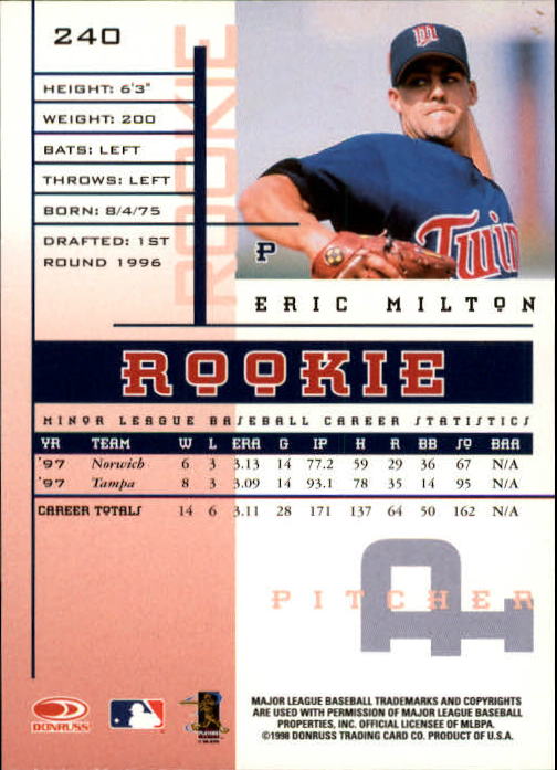 1998 Leaf Rookies and Stars #240 Eric Milton back image