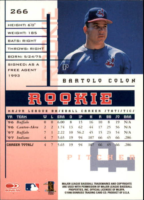 1998 Leaf Rookies and Stars #266 Bartolo Colon back image