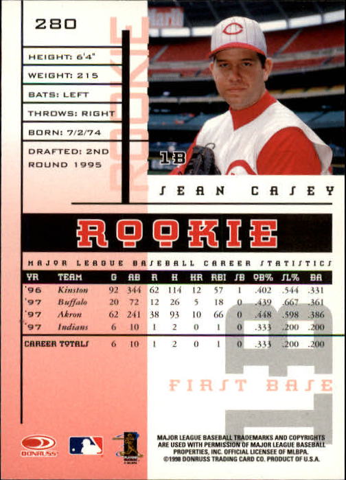 1998 Leaf Rookies and Stars #280 Sean Casey back image