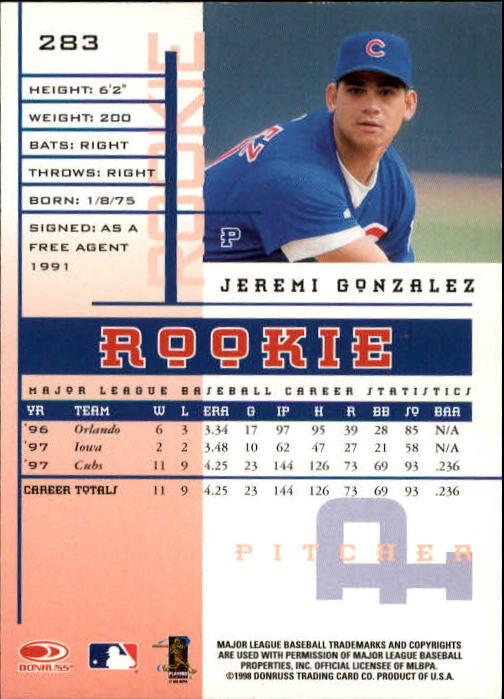 1998 Leaf Rookies and Stars #283 Jeremi Gonzalez back image