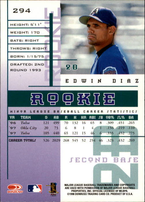 1998 Leaf Rookies and Stars #294 Edwin Diaz back image