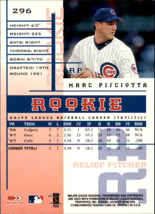 1998 Leaf Rookies and Stars #296 Marc Pisciotta RC back image