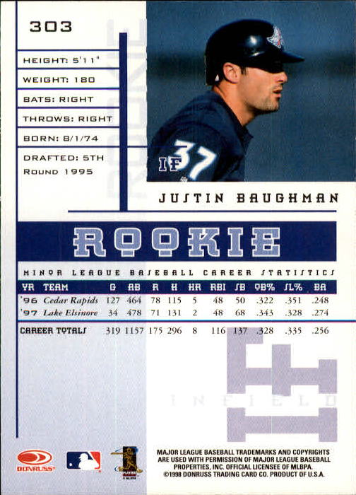 1998 Leaf Rookies and Stars #303 Justin Baughman SP RC back image
