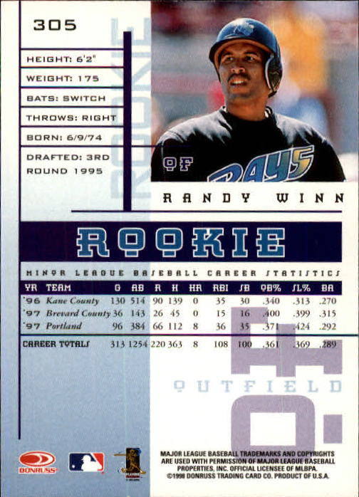 1998 Leaf Rookies and Stars #305 Randy Winn SP back image