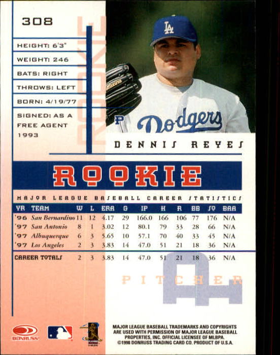 1998 Leaf Rookies and Stars #308 Dennis Reyes SP back image
