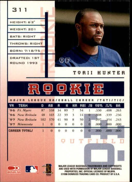 1998 Leaf Rookies and Stars #311 Torii Hunter SP back image