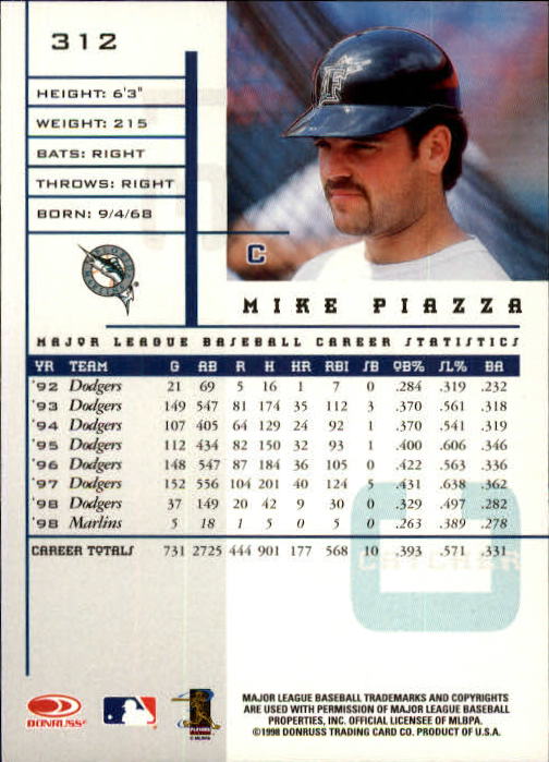 1998 Leaf Rookies and Stars #312 Mike Piazza Marlins SP back image
