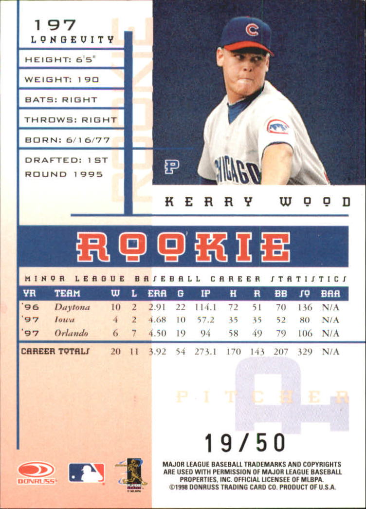 1998 Leaf Rookies and Stars Longevity #197 Kerry Wood back image