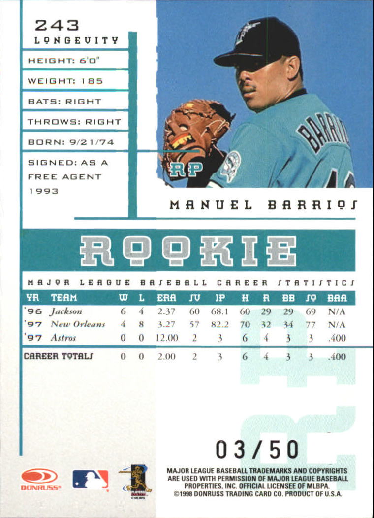 1998 Leaf Rookies and Stars Longevity #243 Manuel Barrios back image