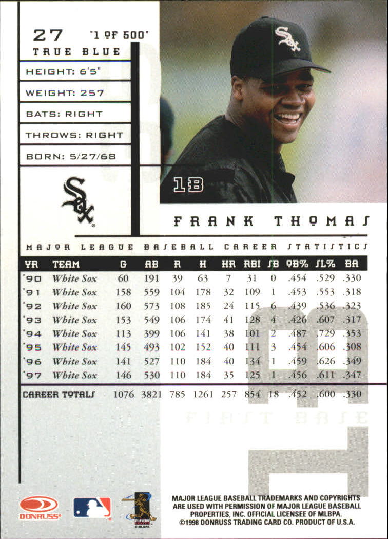 1998 Leaf Rookies and Stars True Blue #27 Frank Thomas back image