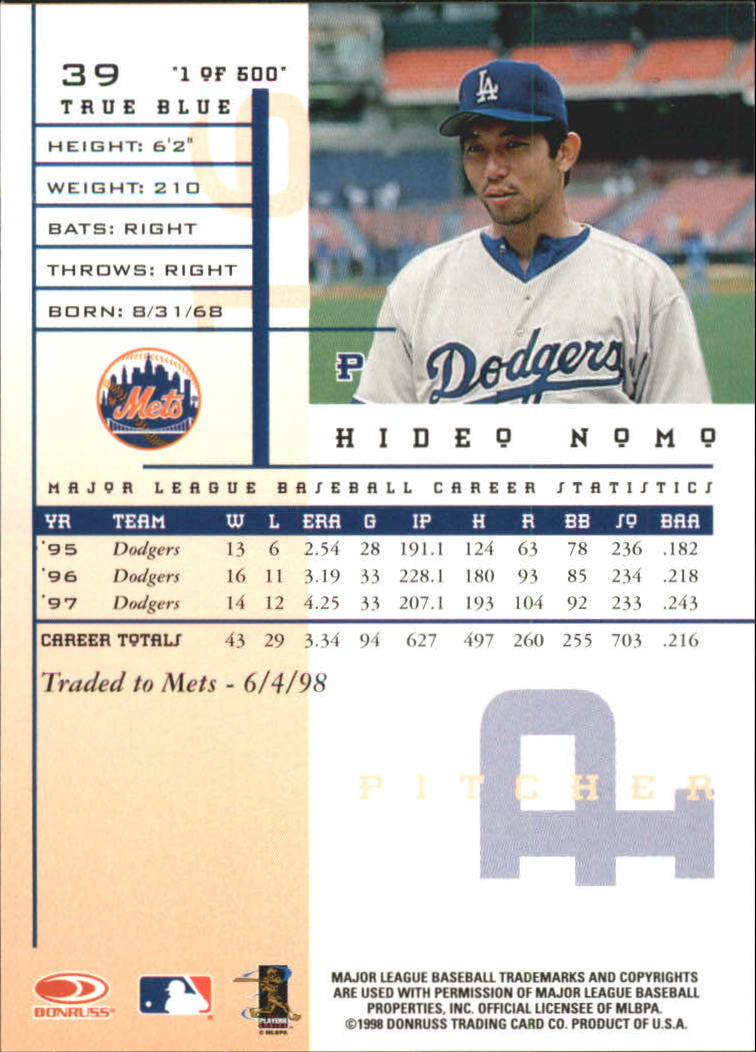 1998 Leaf Rookies and Stars True Blue #39 Hideo Nomo back image