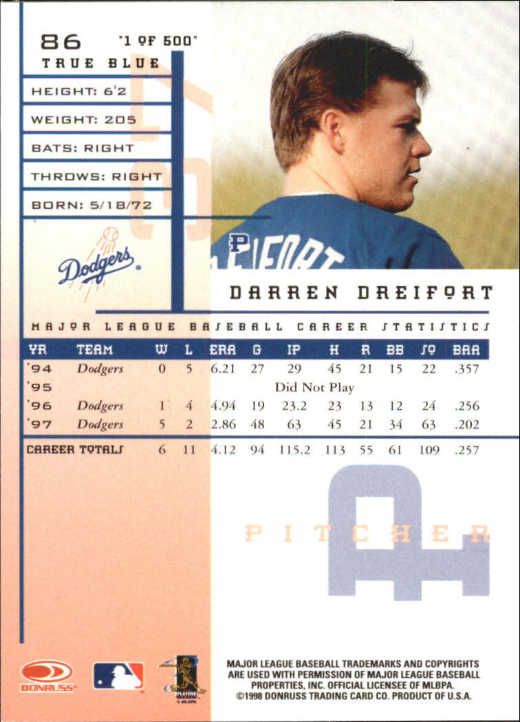 1998 Leaf Rookies and Stars True Blue #86 Darren Dreifort back image