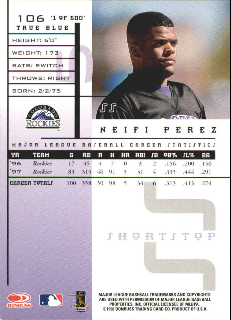 1998 Leaf Rookies and Stars True Blue #106 Neifi Perez back image