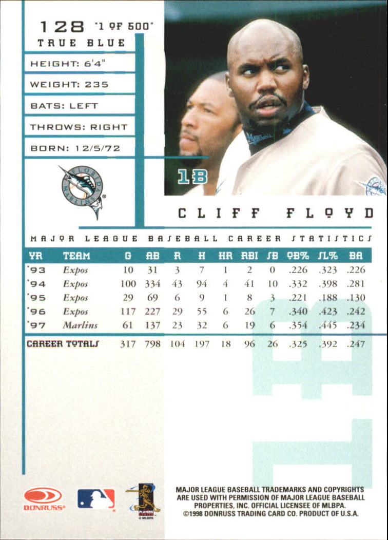 1998 Leaf Rookies and Stars True Blue #128 Cliff Floyd back image