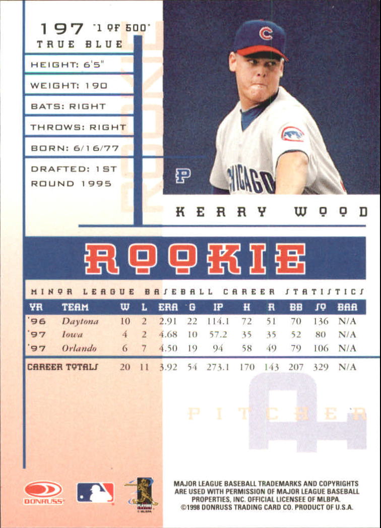 1998 Leaf Rookies and Stars True Blue #197 Kerry Wood back image