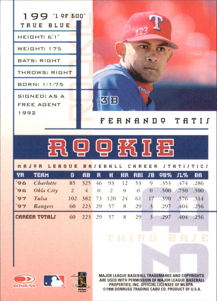 1998 Leaf Rookies and Stars True Blue #199 Fernando Tatis back image