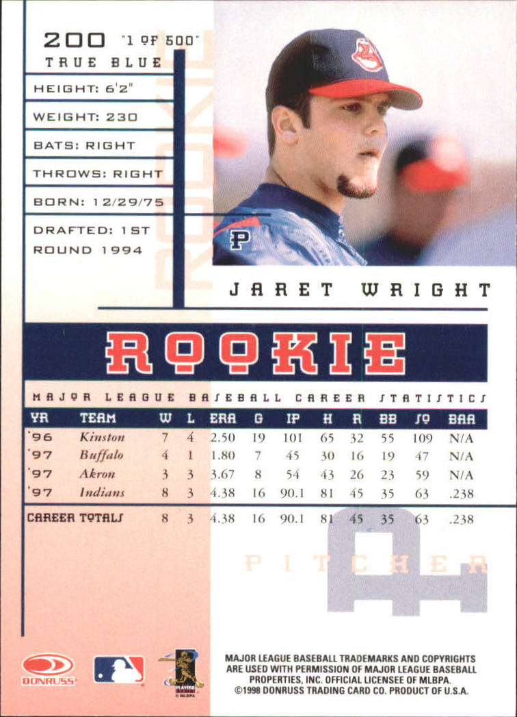1998 Leaf Rookies and Stars True Blue #200 Jaret Wright back image