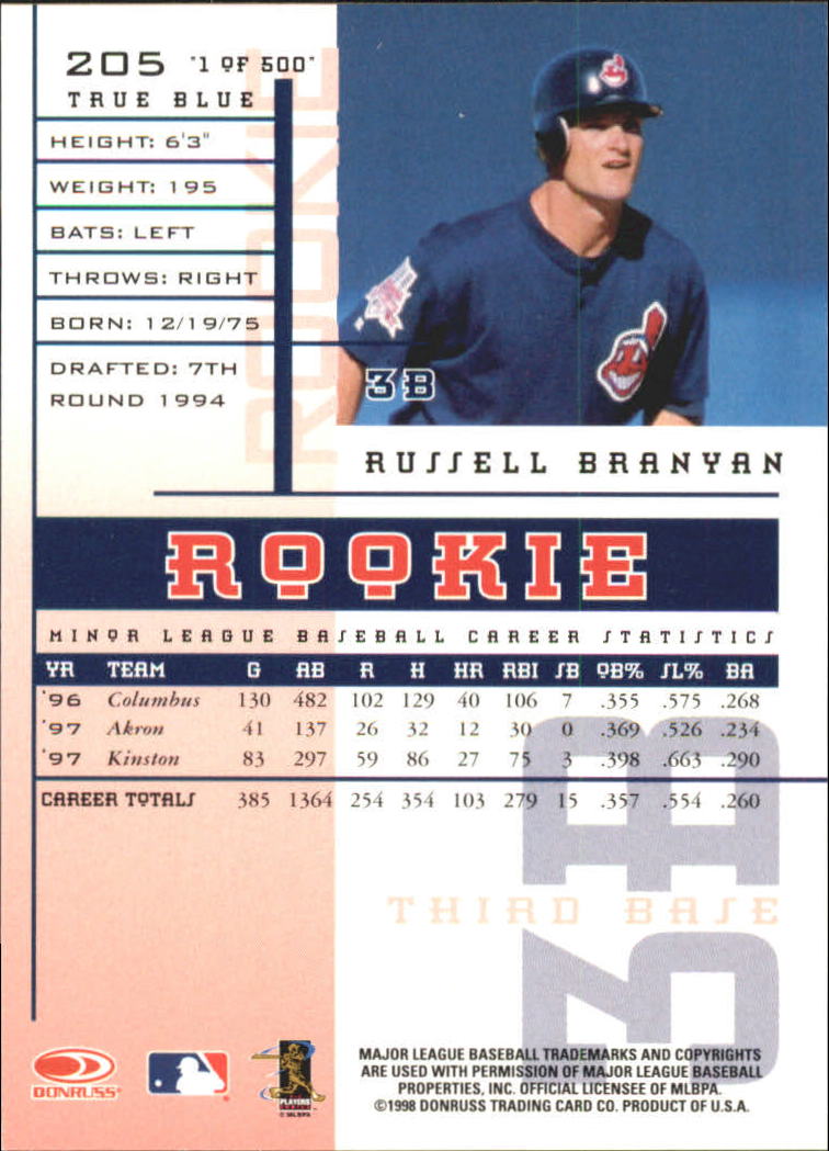 1998 Leaf Rookies and Stars True Blue #205 Russell Branyan back image