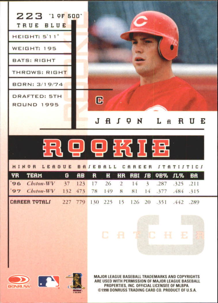 1998 Leaf Rookies and Stars True Blue #223 Jason LaRue back image