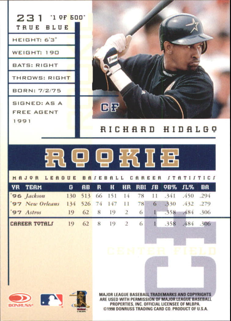 1998 Leaf Rookies and Stars True Blue #231 Richard Hidalgo back image