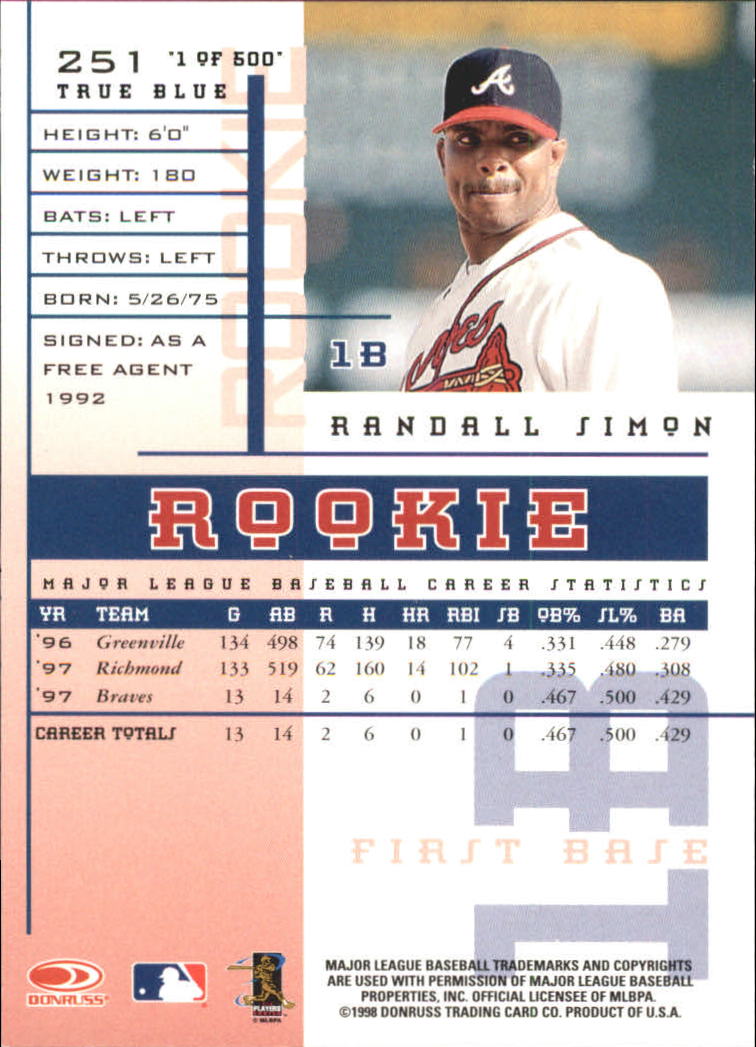 1998 Leaf Rookies and Stars True Blue #251 Randall Simon back image