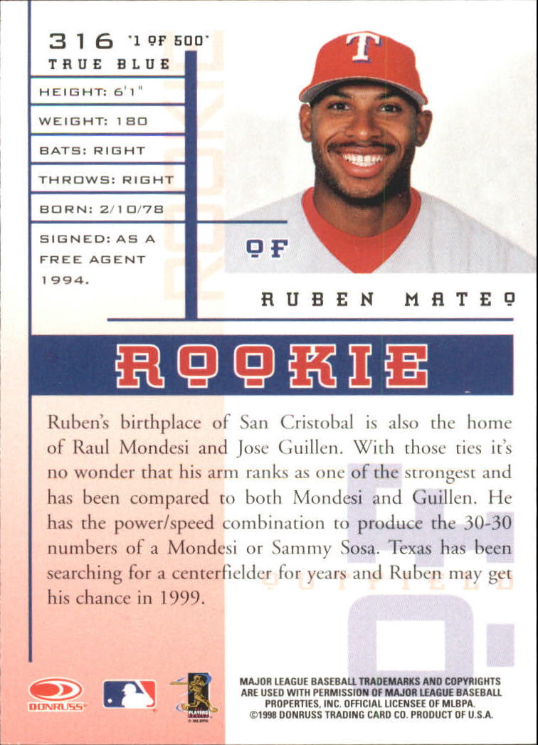 1998 Leaf Rookies and Stars True Blue #316 Ruben Mateo back image