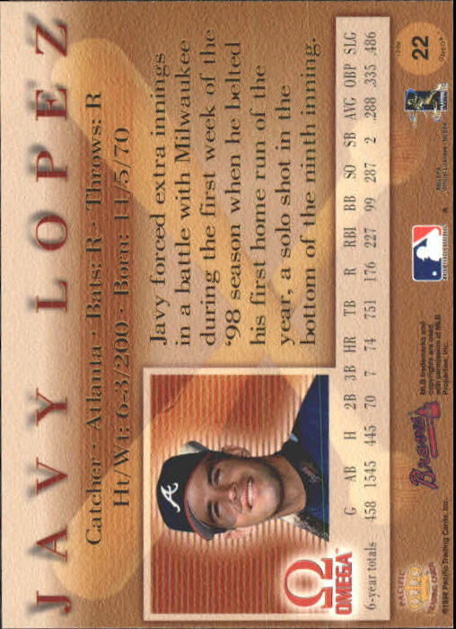 1998 Pacific Omega #22 Javy Lopez back image